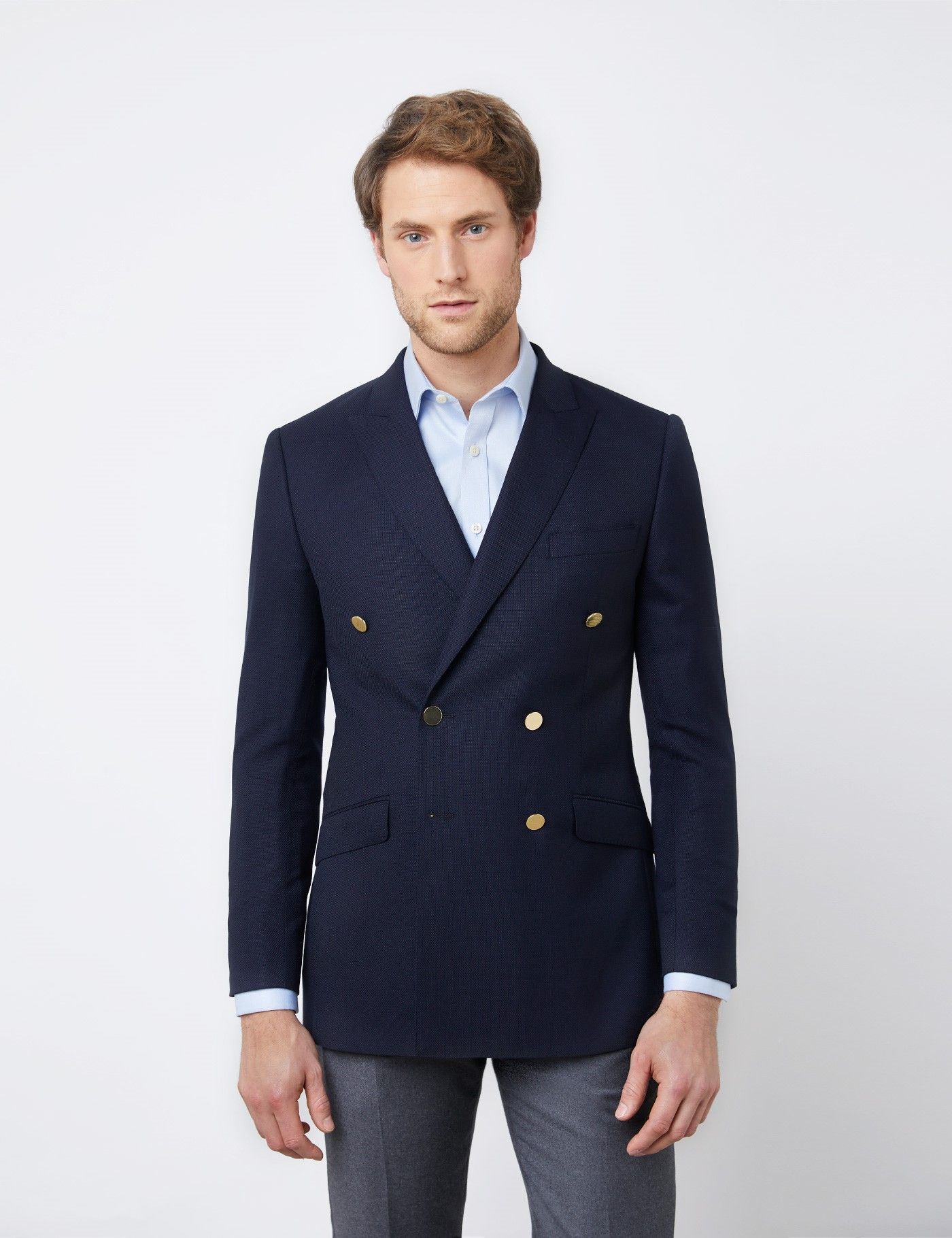 100% Wool Men's Double Breasted Blazer With Single Back Vent In Navy ...