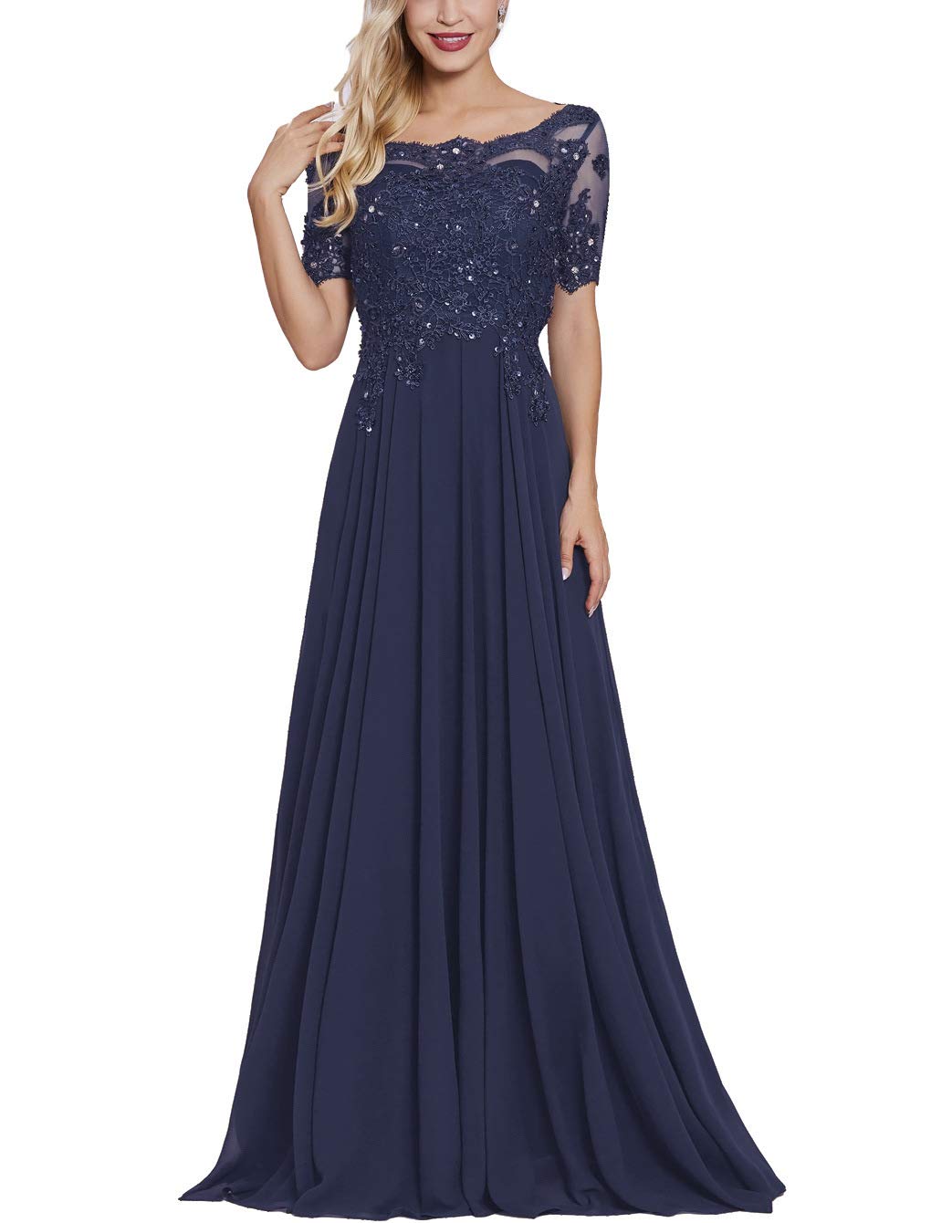 A Line Bateau Half Sleeves Navy Blue Prom Evening Dress With Beading