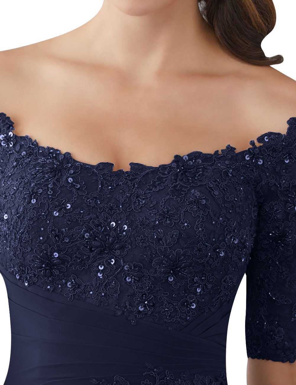 Ball Gown Long Sleeves Off Shoulder Beaded Navy Blue Prom Dress In 2020