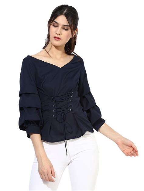 Buy Online Navy Blue Solid Off Shoulder Corset Top From Western Wear