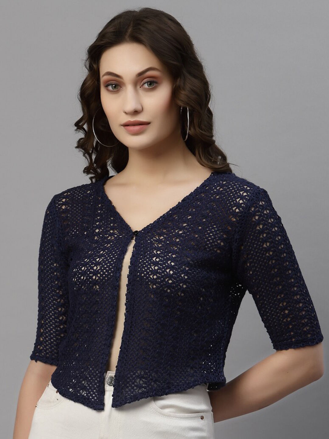 Buy Style Quotient Women Navy Blue Self Designed Shrug Shrug For