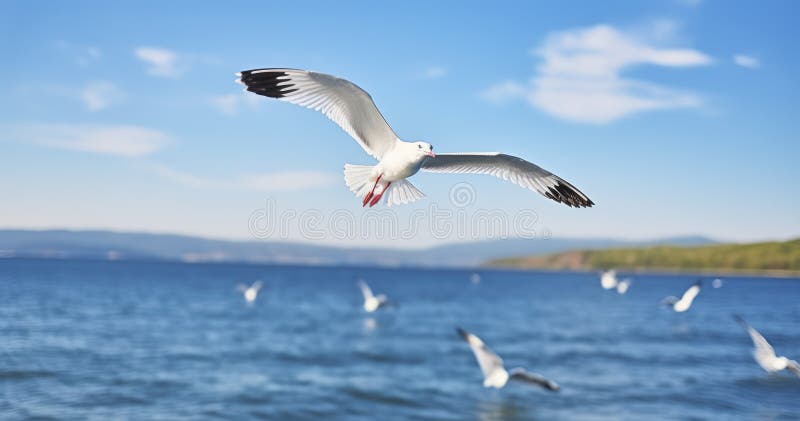 Capturing The Majestic Flight Of White Seagulls Over Sea Waters Stock