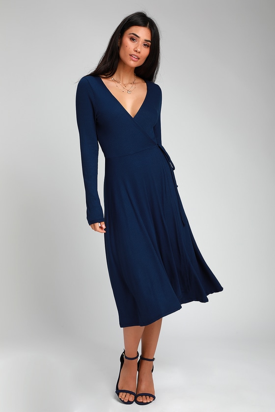 Cute Navy Blue Dress Wrap Midi Dress Long Sleeve Wrap Dress Lulus