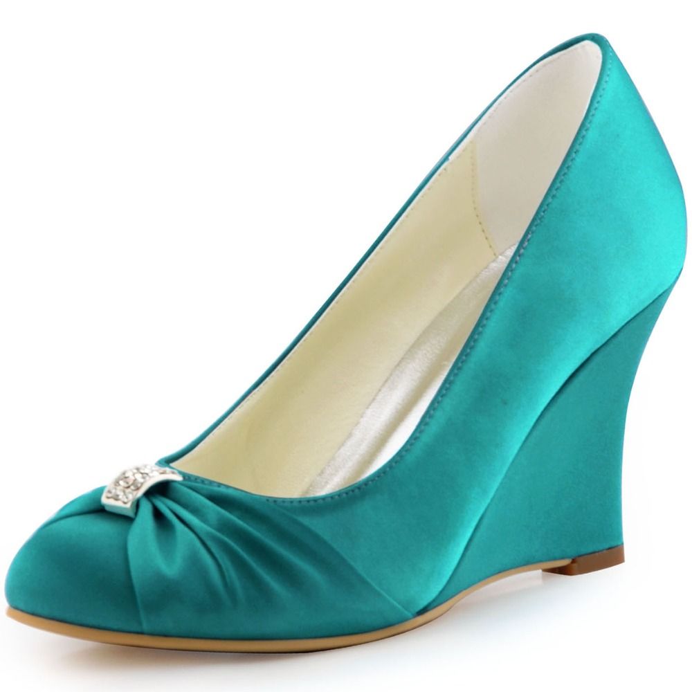 Ep2005 Teal Navy Blue Women Shoes Bride Evening Party Round Toe Wedge