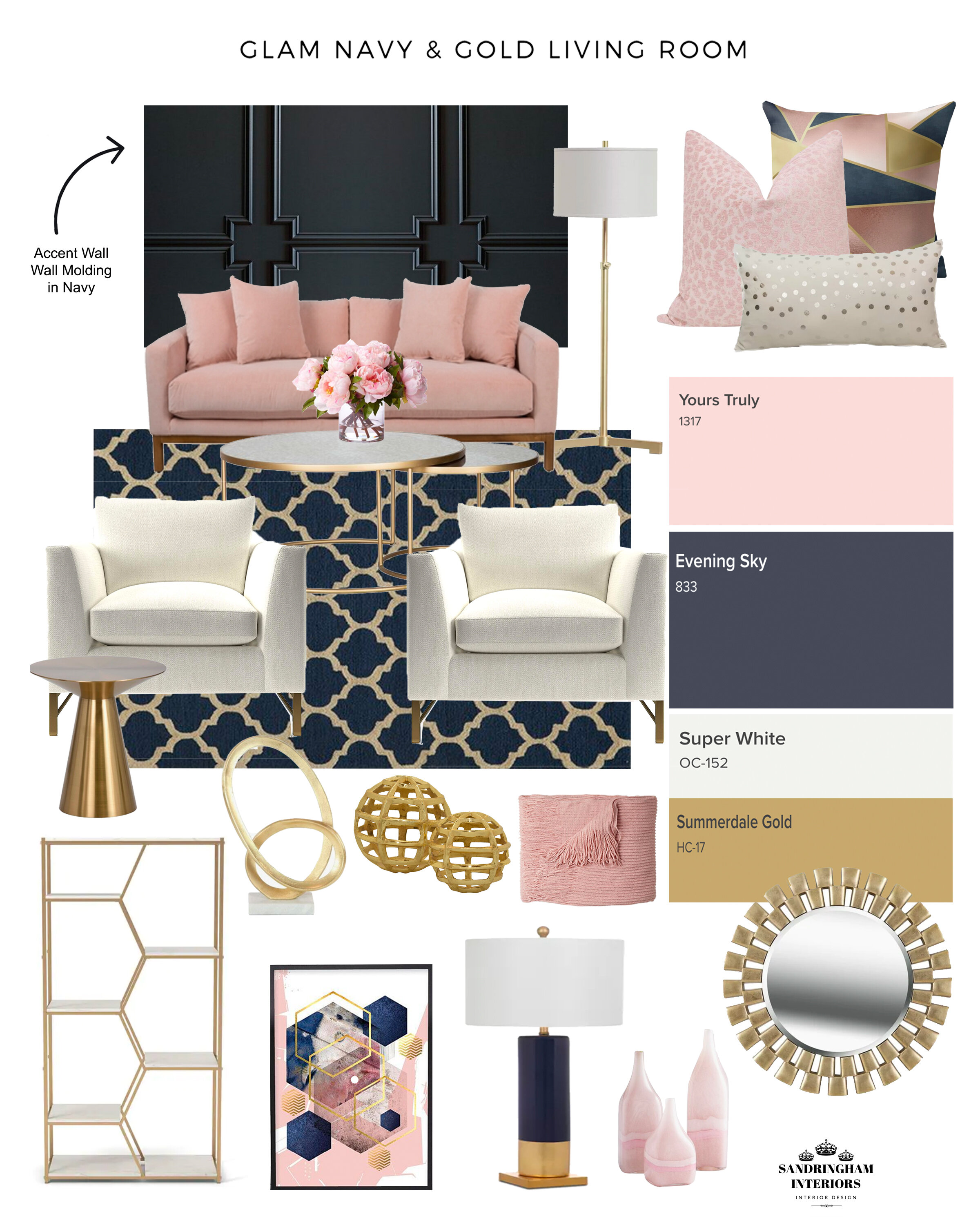 Glam Navy Pink Living Room Inspo