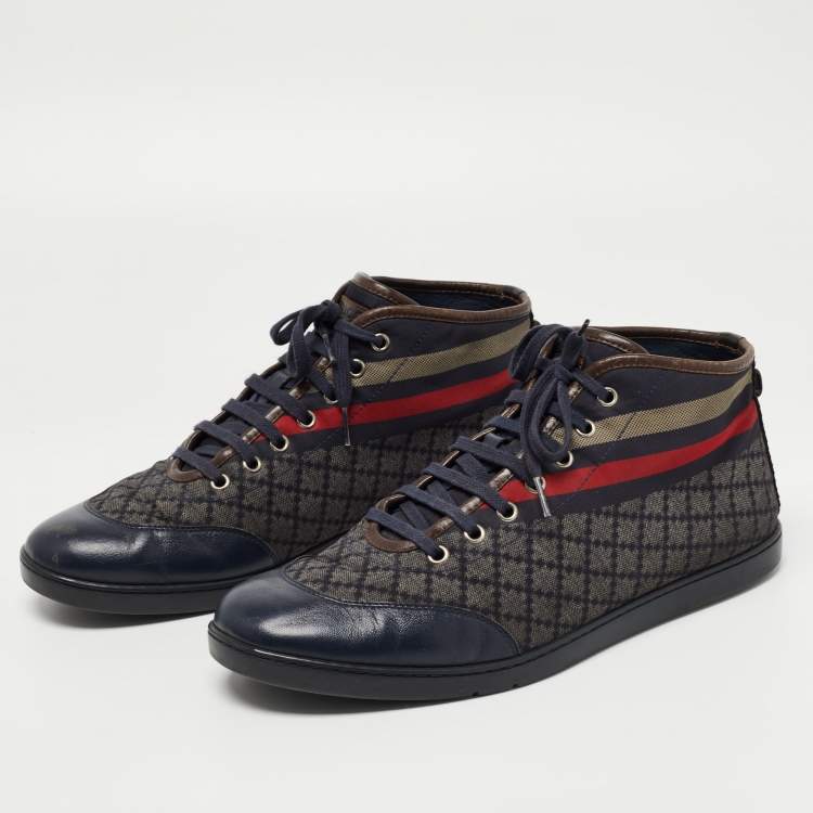 Gucci Navy Blue Brown Leather And Nylon Diamante Web High Top Sneakers