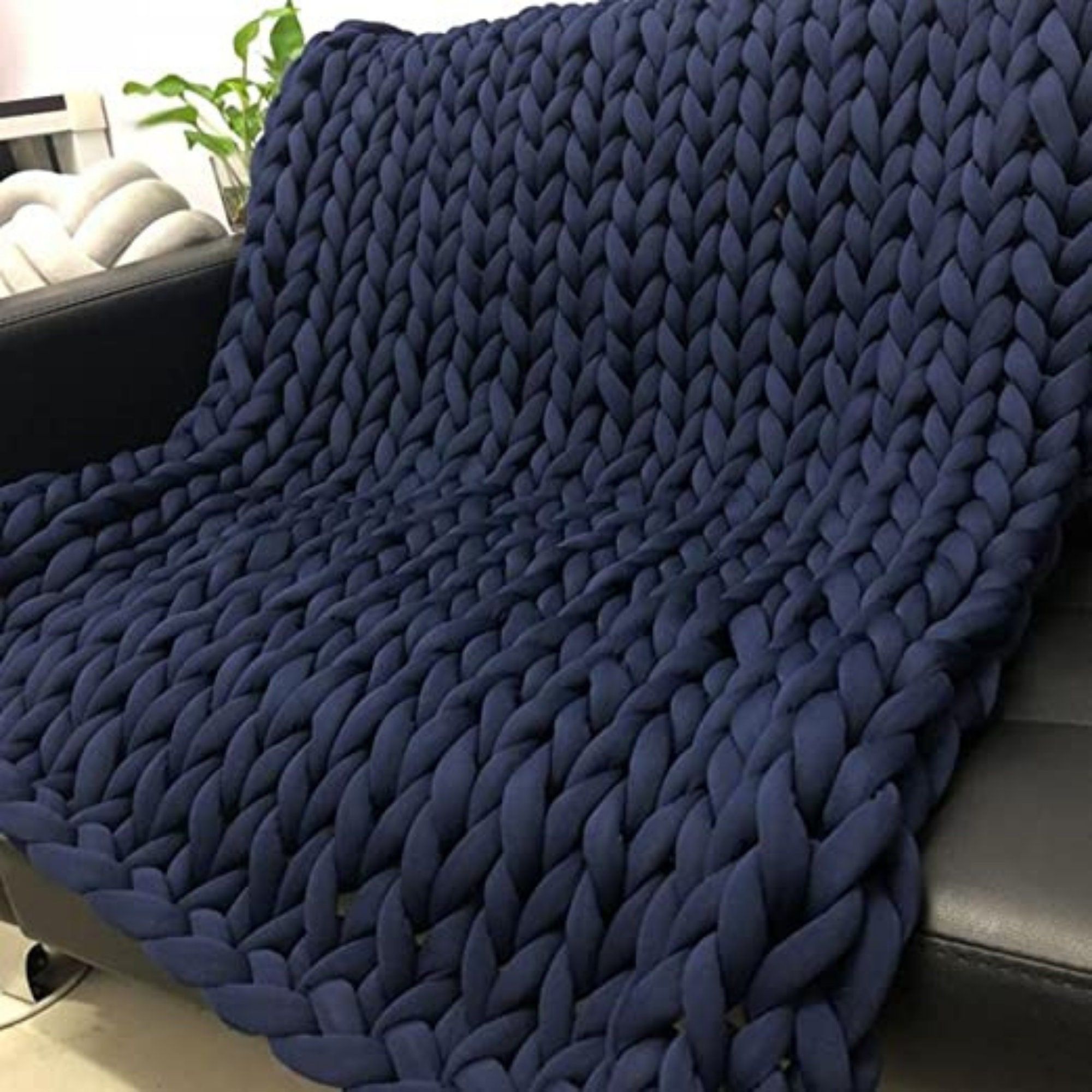 Handmade Navy Blue Chunky Knit Blanket Wool Blanket Chunky Wool