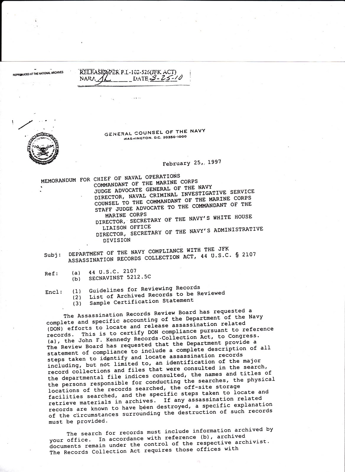 Jfkcountercoup General Counsel Of The Navy Memo 2 25 97