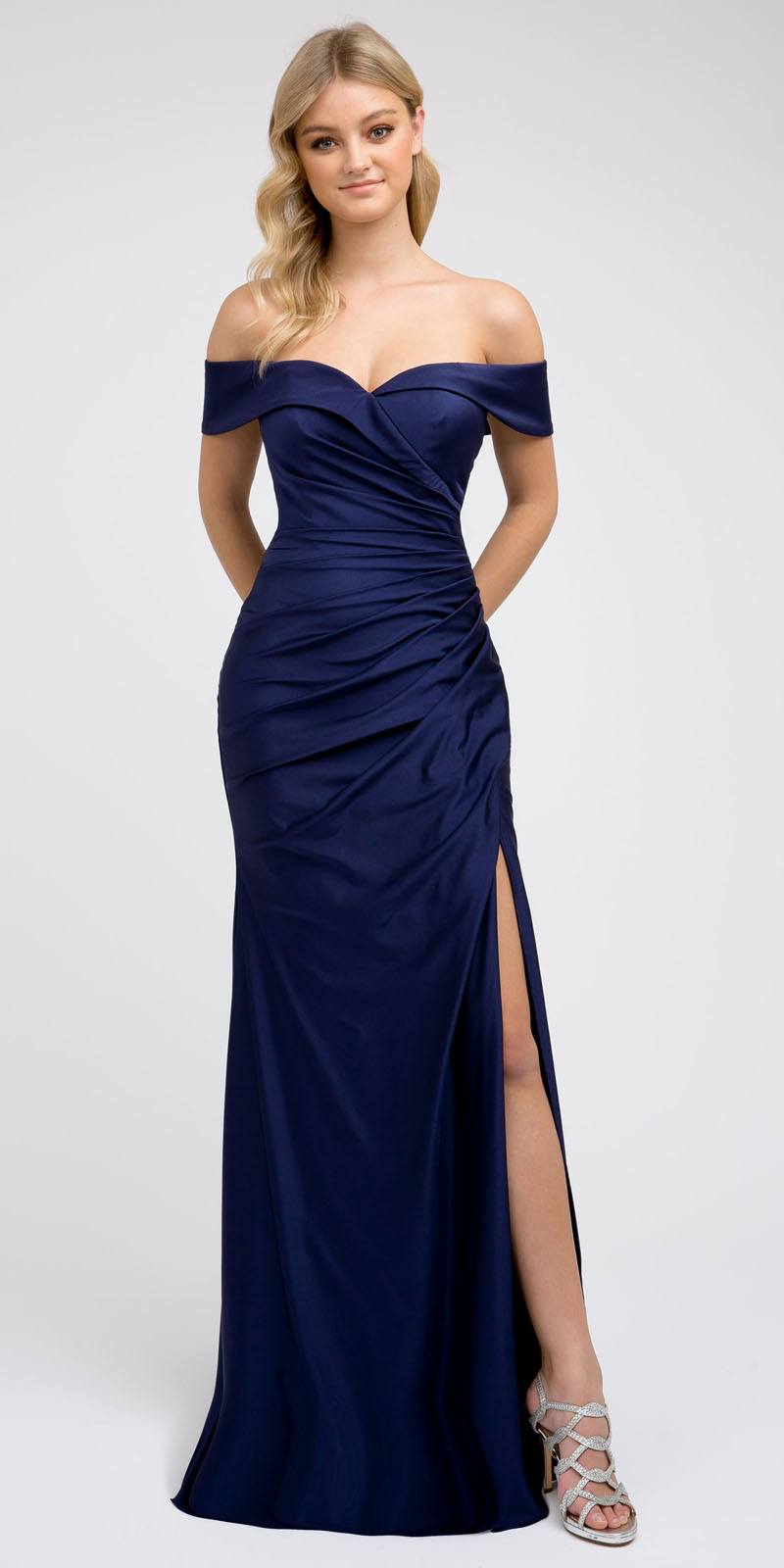 Juliet 245 Off Shoulder Fit And Flare Long Prom Dress Navy Blue With