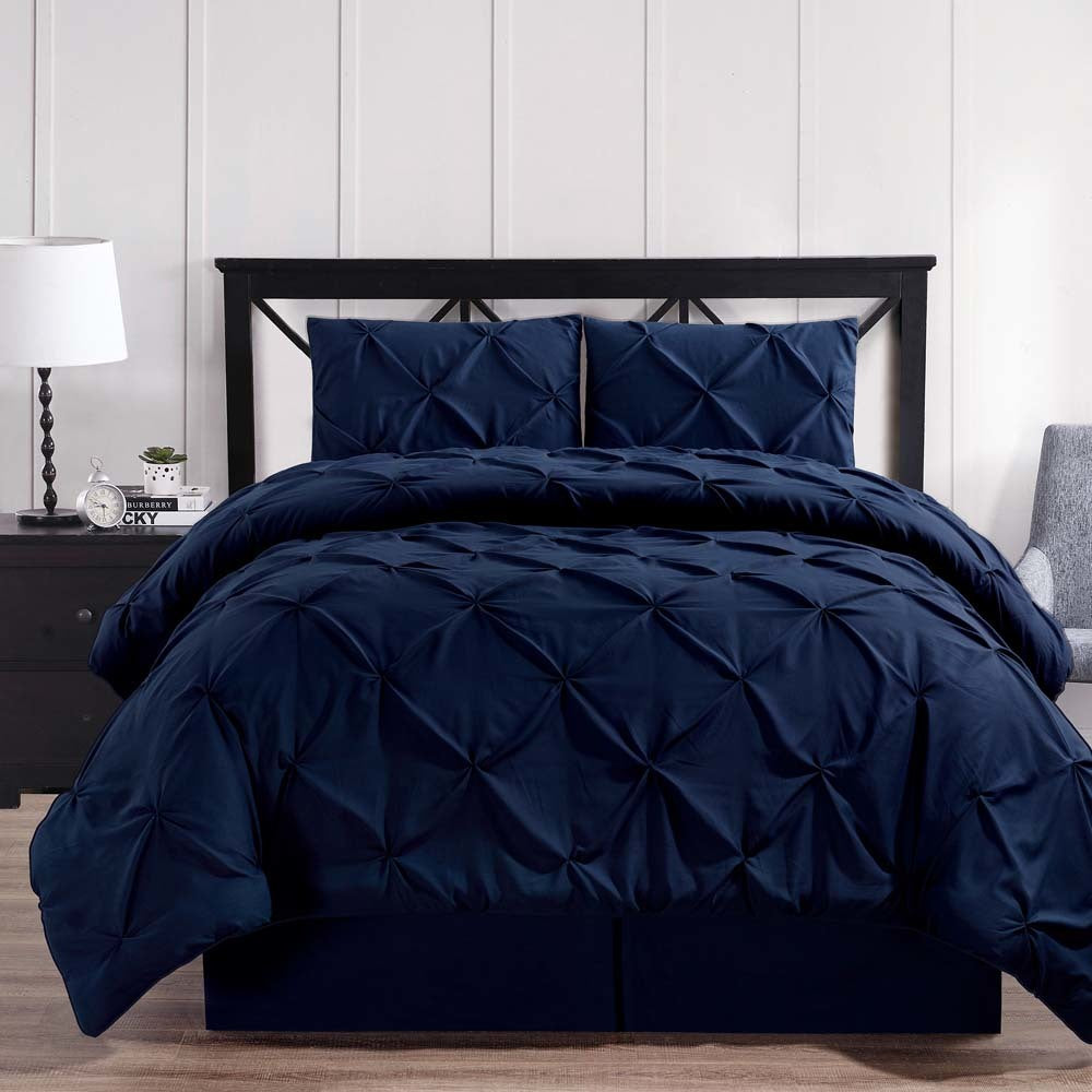 Luxury Soft Pinch Pleated Comforter Set In Navy Blue Adley Company