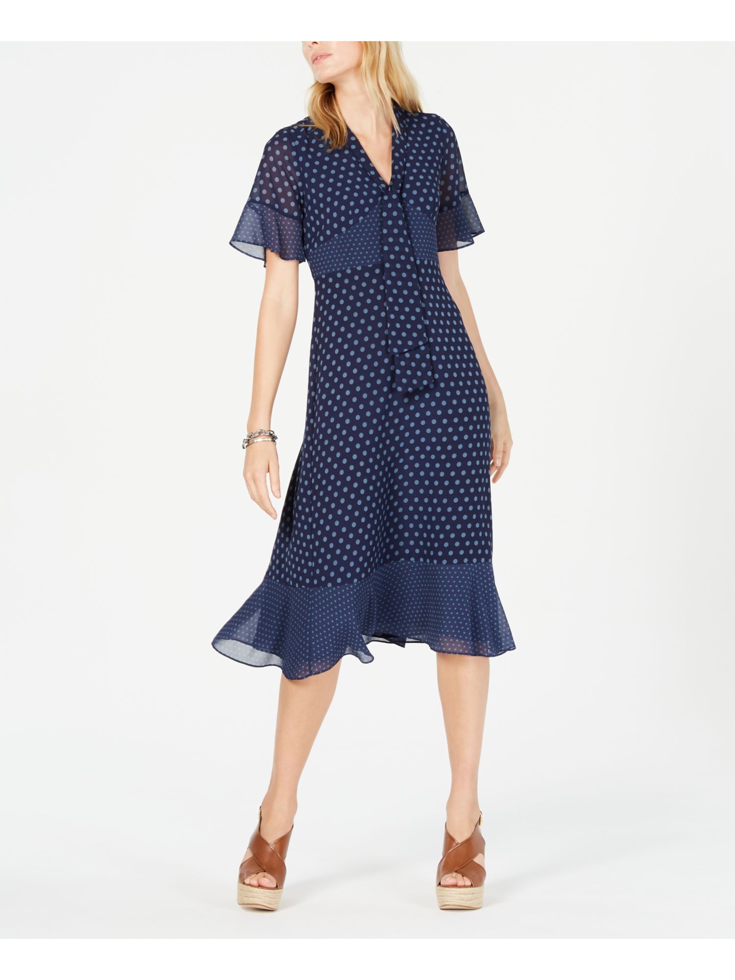 Michael Kors 165 Womens New 0075 Navy Polka Dot Midi Shift Dress Xl B