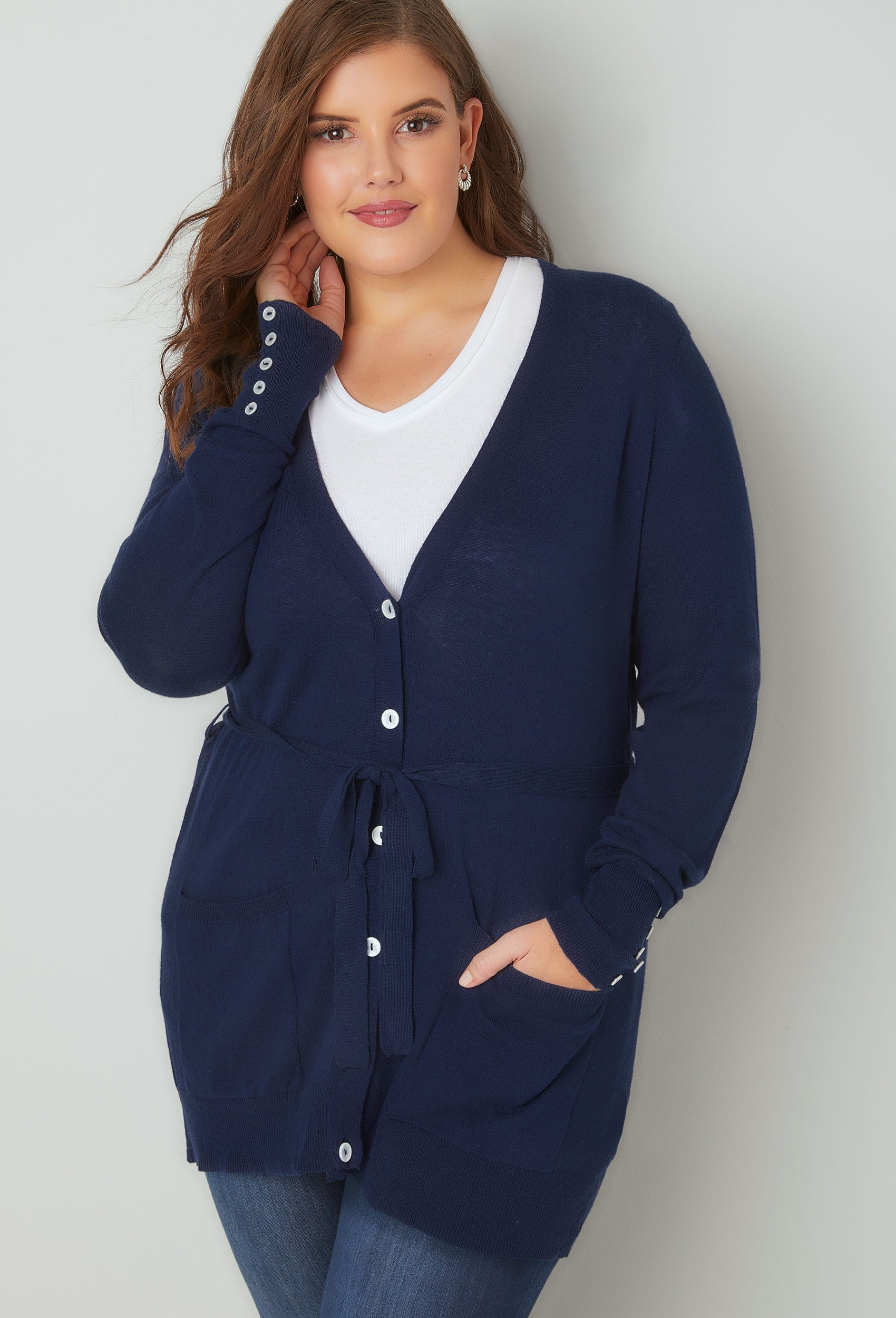 Navy Belted Boyfriend Cardigan Plus Size 16 To 36