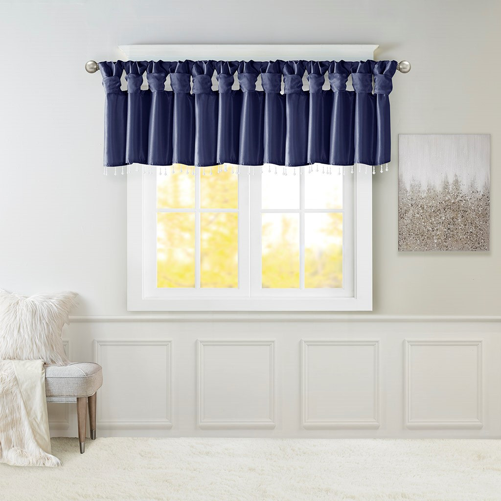 Navy Blue Faux Silk Diy Twisted Tab Top Window Valance W Hanging Beads