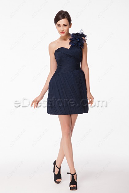 Navy Blue One Shoulder Cocktail Dress