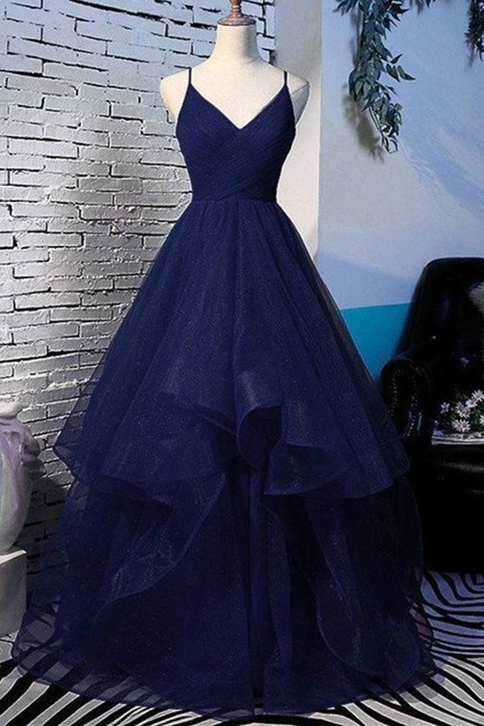 Navy Blue Prom Dress V Neck Prom Dress Lace Prom Dress Tulle Prom Dress