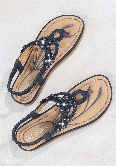 Navy Blue Round Toe Rhinestone Fashion Ankle Sandals Happy Hour