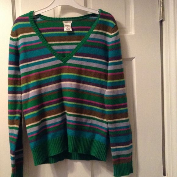 Old Navy Green Striped V Neck Sweater