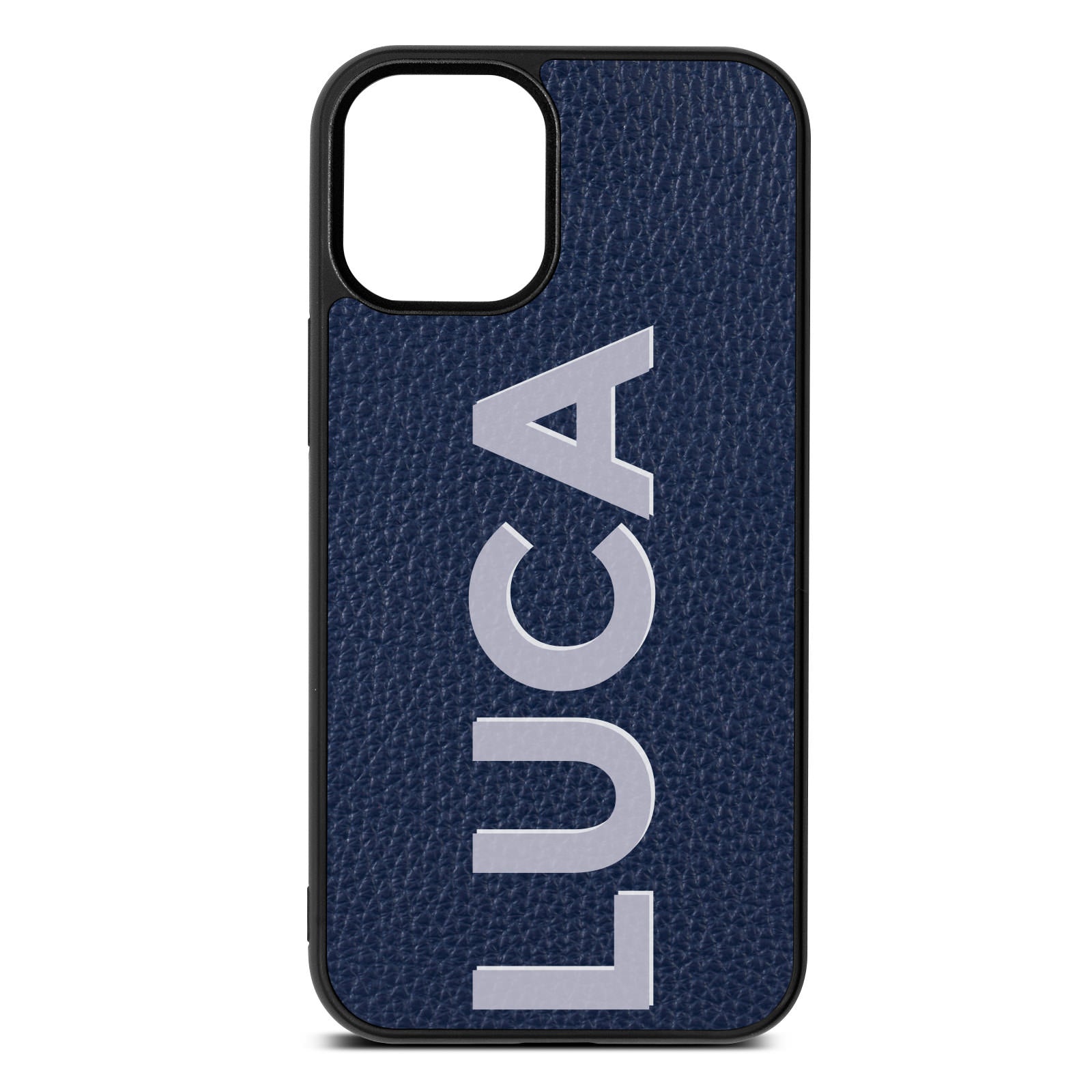 Personalised Navy Blue Pebble Leather Shadow Text Iphone Case