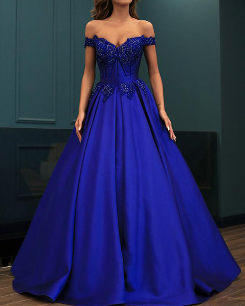 Royal Blue Satin Lace Beaded Women Prom Evening Dress Engagement Forma