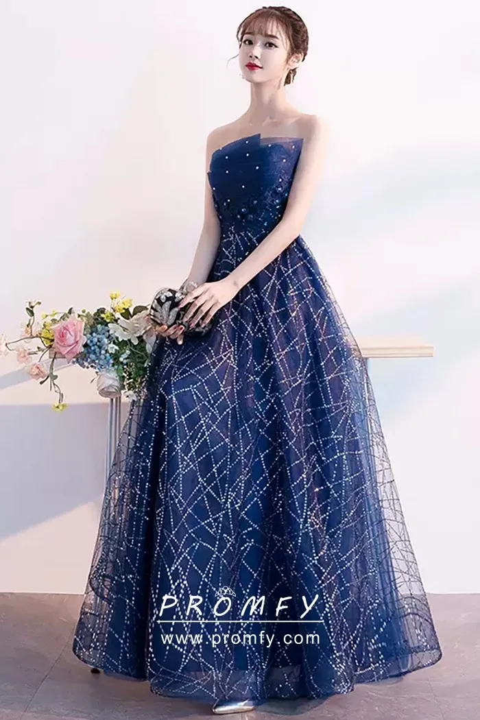 Shimmer Navy Blue Tulle Strapless Graduation Prom Dress Promfy