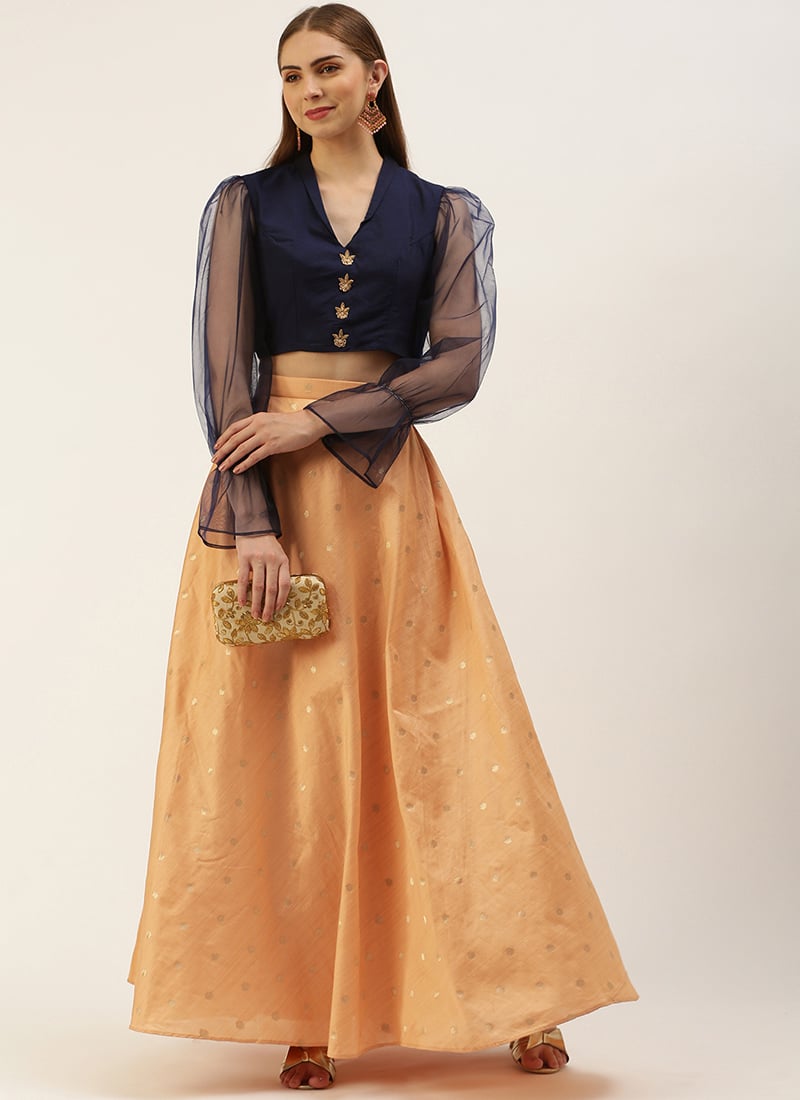 Shop Peach Jacquard N Navy Blue Art Silk Skirt Set Festive Wear Online