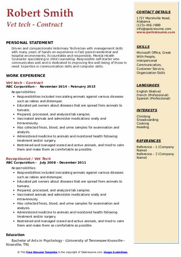 Vet Tech Resume Templates